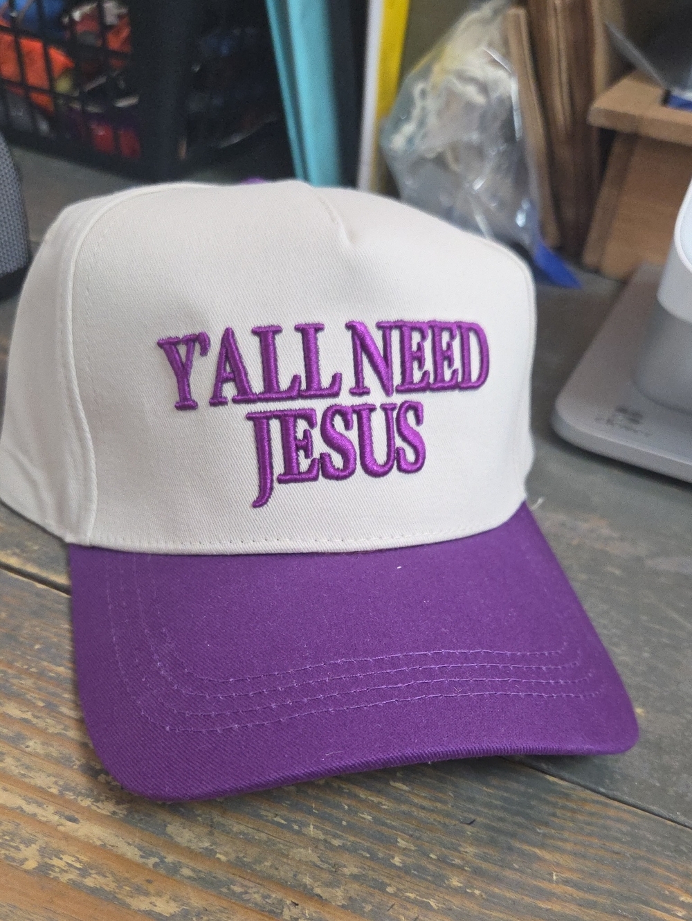 Cream and Purple 'Y'ALL NEED JESUS' Embroidered Baseball Cap
